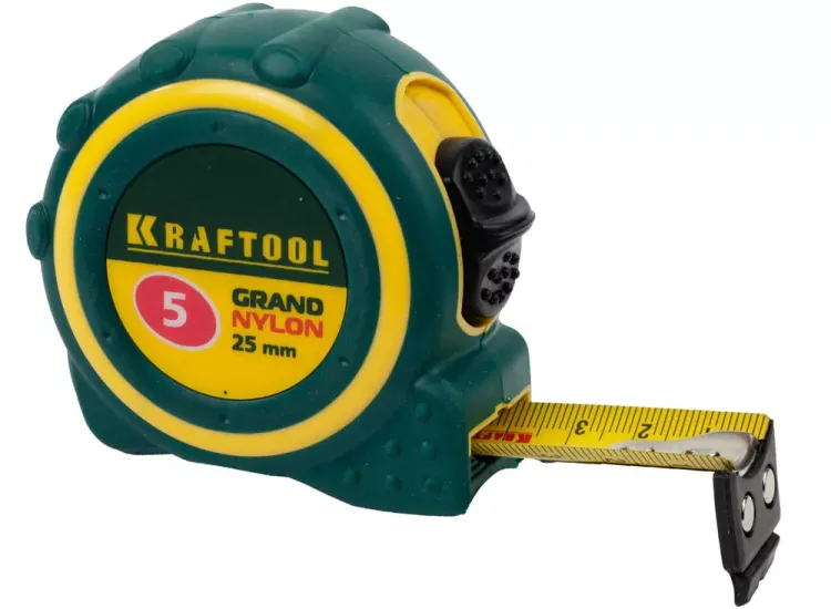 Рулетка KRAFTOOL "GRAND", двухкомпонентный корпус, двусторонняя шкала, нейлоновое покрытие, 5мх25мм 3412-05_z01 купить в Урае