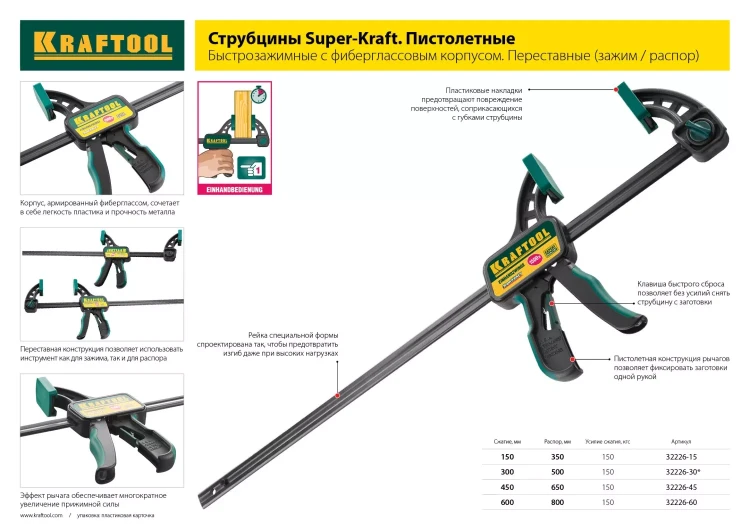 Струбцина Extrem ручная пистолетная KRAFTOOL 32228-15_z01 металлический корпус 150/95 мм купить в Урае