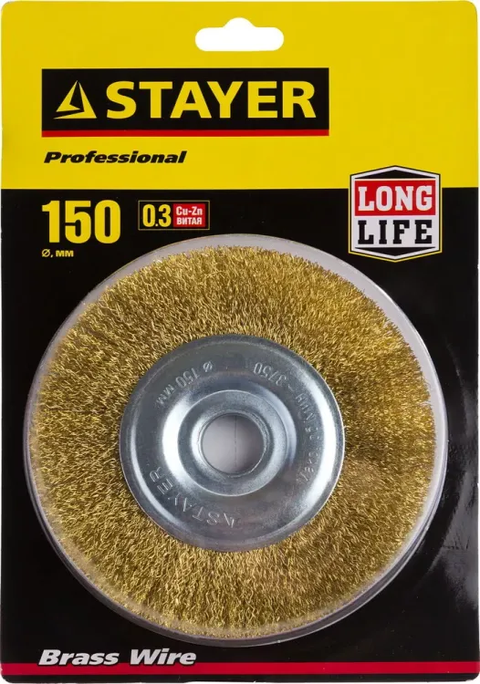 STAYER "PROFESSIONAL". Щетка дисковая для УШМ, витая стальная латунированная проволока 0,3мм, 150ммх22мм 35122-150 купить в Урае
