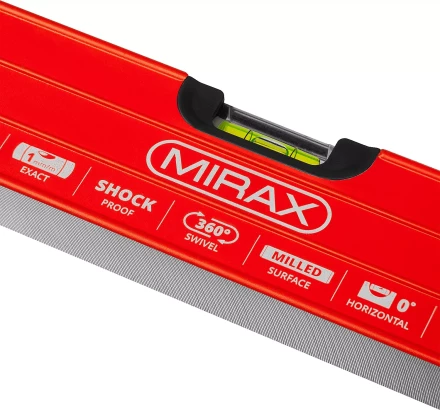 Уровень коробчатый усиленный MIRAX, фрезерованная поверхность, утолщенный профиль, 3 противоударных ампулы (1 поворотная на 360 град), с ручками, 80 см 34603-080 купить в Урае