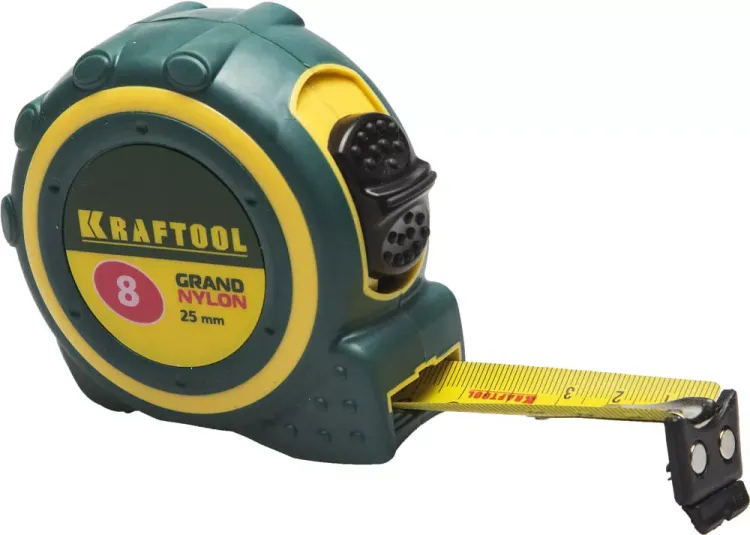 Рулетка KRAFTOOL "GRAND", двухкомпонентный корпус, двусторонняя шкала, нейлоновое покрытие, 8мх25мм 3412-08_z01 купить в Урае