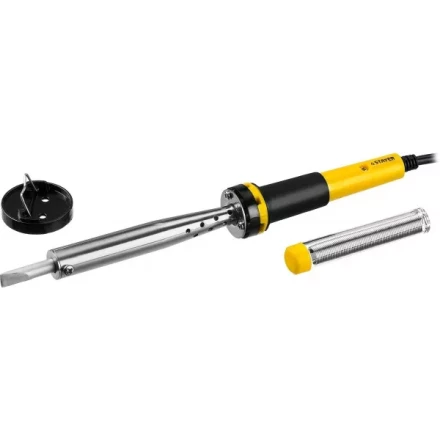 Паяльник PROTerm с двухкомпонентной рукояткой, в комплекте с припоем и подставкой, жало - клин, STAYER Professional 55300-100, 100 Вт 55300-100 купить в Урае