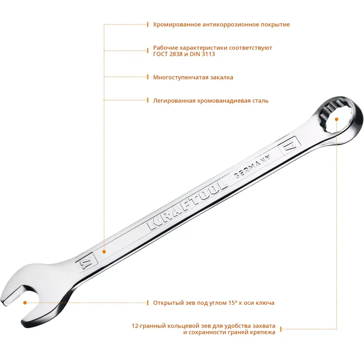 Ключи комбинированные KRAFTOOL, Cr-V, DIN 3113 27079-17 купить в Урае