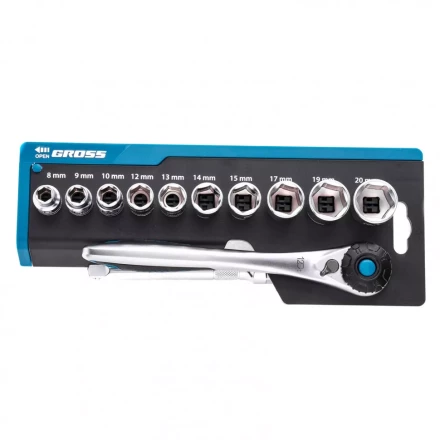 Набор торцевых головок трещотка 120 зубьев 12 предметов 3/8&quot; CrV Gross 14139 купить в Урае