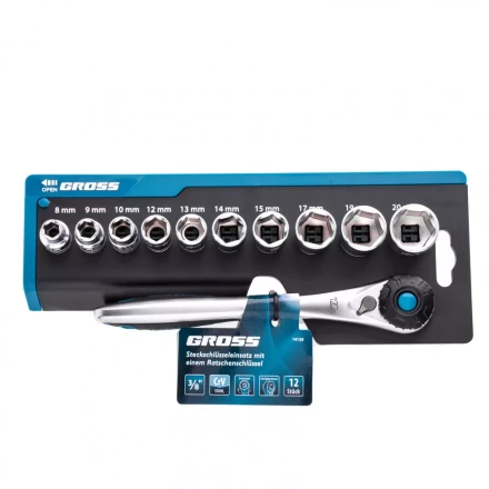 Набор торцевых головок трещотка 120 зубьев 12 предметов 3/8&quot; CrV Gross 14139 купить в Урае