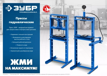 ЗУБР ПГН-20, 20 т, гидравлический пресс с гидронасосом и манометром, Профессионал (43072-20) купить в Урае