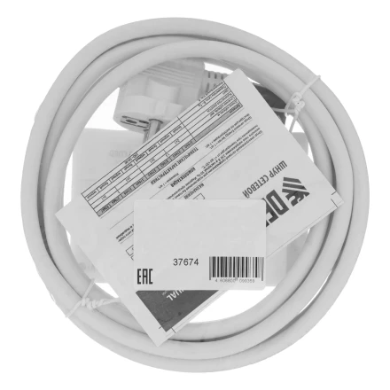 Шнур сетевой Denzel Energy Series, ПВС, 3 м, 3 x 1,5 мм, с неразборной вилкой, белый, 3 м, 37674 купить в Урае