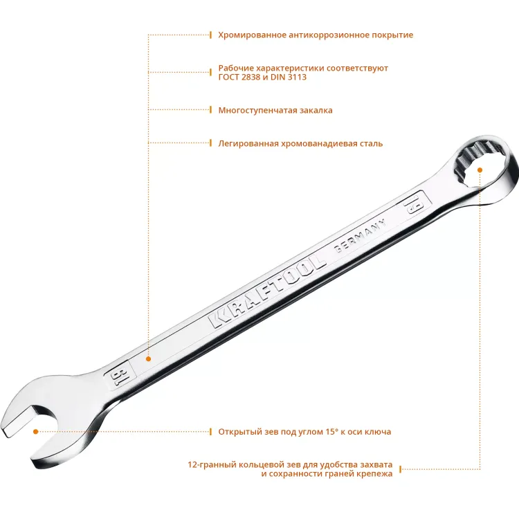 Ключи комбинированные KRAFTOOL, Cr-V, DIN 3113 27079-19 купить в Урае