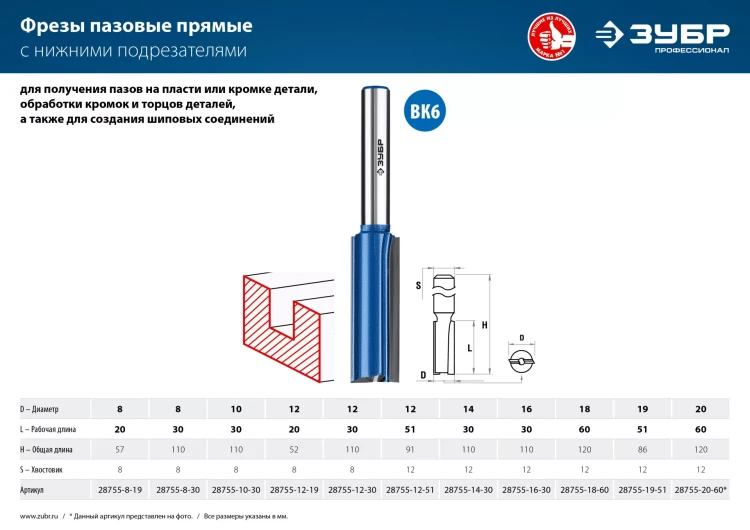 ЗУБР 12 x 30 мм, хвостовик 8 мм, фреза пазовая прямая с нижними подрезателями, Профессионал (28755-12-30) купить в Урае