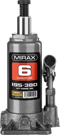 Домкрат гидравлический бутылочный, 6т, 195-380 мм, MIRAX 43260-6 43260-6 купить в Урае