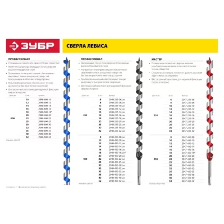 ЗУБР &quot;МАСТЕР&quot;. Сверло по дереву, спираль Левиса, HEX хвостовик, 12х450мм 2947-450-12 купить в Урае