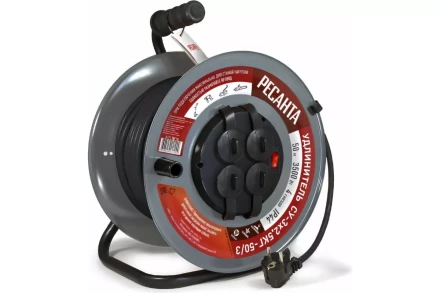 Удлинитель силовой на металлической катушке Ресанта СУ-3х2,5КГ-50/3 (с выкл., 4 розетки, IP44) 61/118/10 купить в Урае