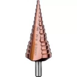 Сверло ЗУБР "КОБАЛЬТ" ступен. по сталям и цв.мет.ст.Р6М5 с кобальт.покрыт.d 4-39мм,14ст.d4-39,L-113мм, 3-хгран.хв. 10мм 29672-4-39-14