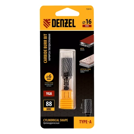 Борфреза по металлу твердосплавная Denzel 72013, цилиндрическая, тип-А, 16 мм купить в Урае