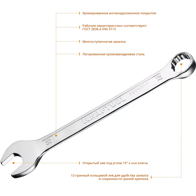 Ключи комбинированные KRAFTOOL, Cr-V, DIN 3113 27079-22 купить в Урае