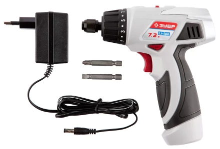 Шуруповерт ЗУБР 2-х скор,Li-Ion,реверс,15+1,зарядка 3-5ч,10мм,0-160 и 0-320об/мин,1,5А/ч,7,2В,набор бит,в блистере ЗДА-7.2-Ли Б купить в Урае