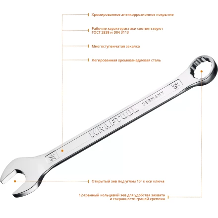 Ключи комбинированные KRAFTOOL, Cr-V, DIN 3113 27079-24 купить в Урае