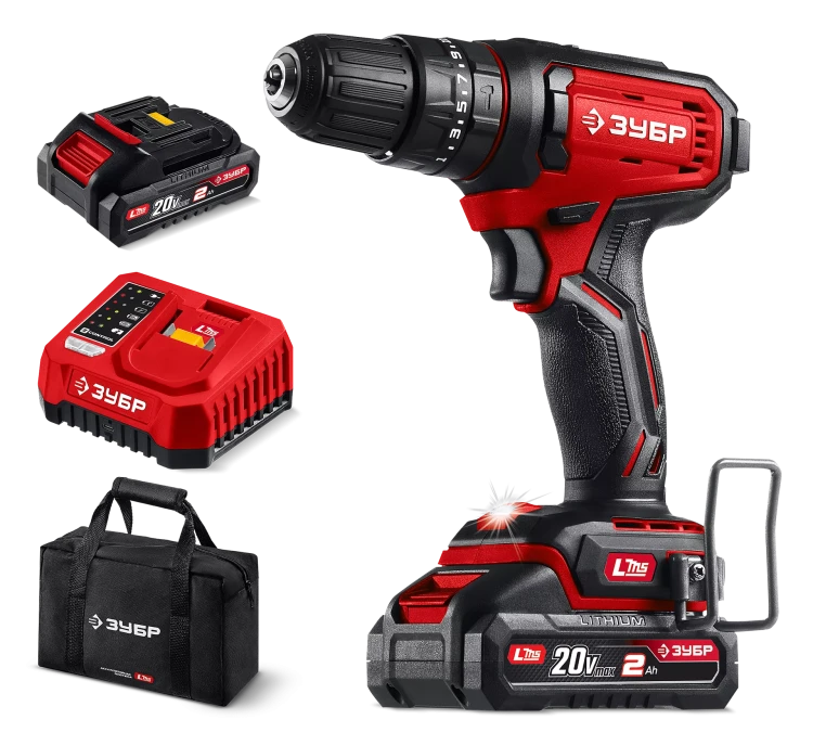 ЗУБР 20 В, 40 Нм, 2 АКБ LMS (2 Ач), ударная дрель-шуруповерт, сумка (ДШУ-40-22) купить в Урае