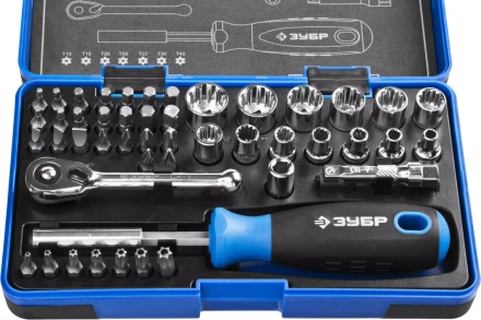 Набор ЗУБР &quot;ПРОФИ&quot;: Отвертка с двухкомп рукояткой, насадки и мини трещетка, 47 предм, пластиковый бокс 25283-H47 купить в Урае