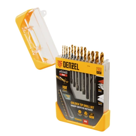 Набор сверл по металлу, 1,5-6,5 мм, HSS-Tin, Golden Tip, 13 шт Denzel 72318 купить в Урае