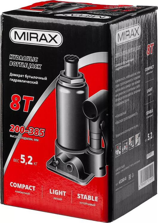 Домкрат гидравлический бутылочный, 8т, 200-385 мм, MIRAX 43260-8 43260-8 купить в Урае