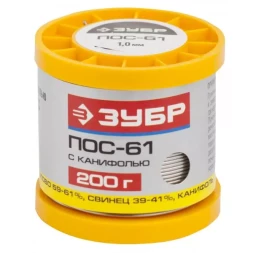 Припой ЗУБР, ПОС 61, трубка с канифолью, 200г, 1мм 55450-200-10C