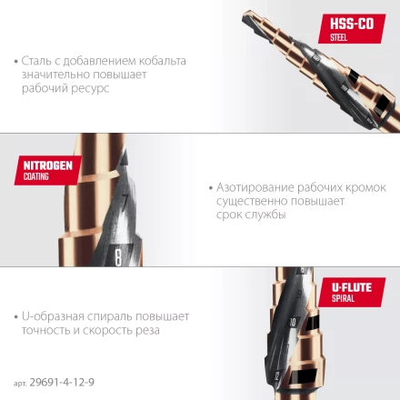 Ступенчатое сверло, сталь c кобальтом, спиральная проточка, НЕХ хвостовик 29691-4-12-9 купить в Урае