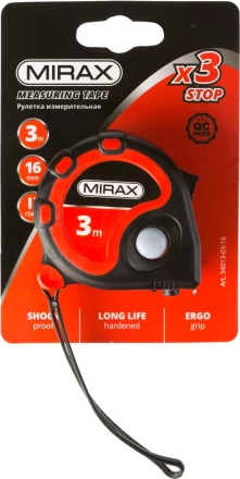 Рулетка MIRAX, 3 стопора, двухкомпонентный пластиковый корпус, 3мх16мм 34013-03-16 купить в Урае