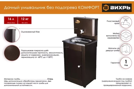 Умывальник дачный &quot;Комфорт&quot; ВИХРЬ без подогрева, нержавейка, медь 74/4/11 купить в Урае