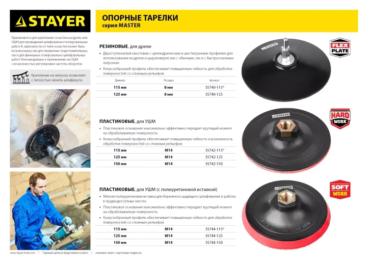 Тарелка опорная STAYER "MASTER" пластиковая для УШМ на липучке, полиуретановая вставка, d=125 мм, М14 35744-125 купить в Урае