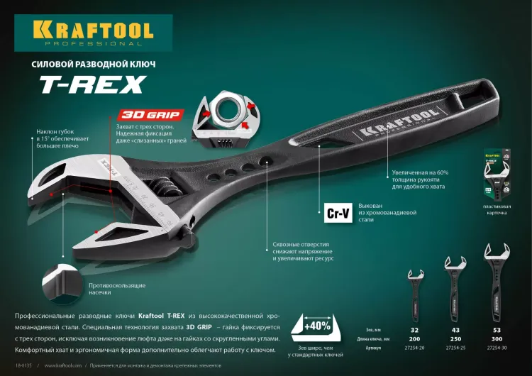 Ключ разводной силовой KRAFTOOL T-REX 27254-30 купить в Урае