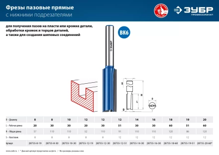 ЗУБР 8 x 30 мм, хвостовик 8 мм, фреза пазовая прямая с нижними подрезателями, Профессионал (28755-8-30) купить в Урае