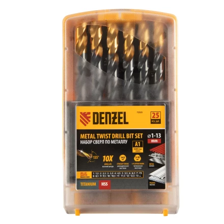 Набор сверл по металлу, 1-13 мм, HSS-Tin, Golden Tip, 25 шт Denzel 72323 купить в Урае