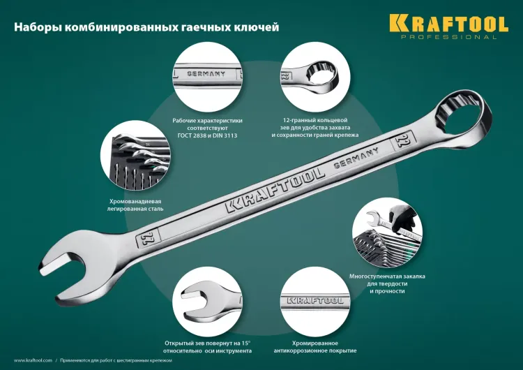 Наборы ключей комбинированных KRAFTOOL, Cr-V, DIN 3110, в EVA-ложементе 27079-H12E купить в Урае