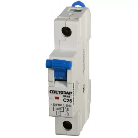 Выключатель автоматический СВЕТОЗАР 1-полюсный, 25 A, &quot;C&quot;, откл. сп. 6 кА, 230 / 400 В SV-49061-25-C купить в Урае