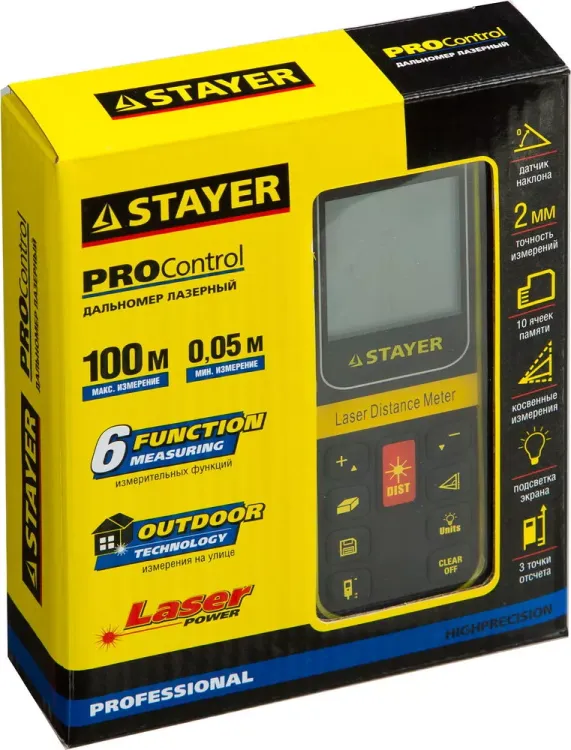 Дальномер PRO-Control лазерный, дальность 100м, точность 2мм, STAYER Professional 34959 34959 купить в Урае