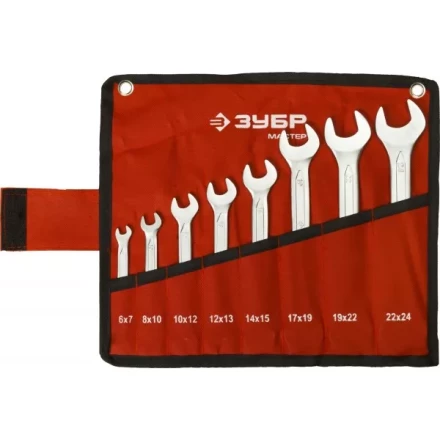 Набор ЗУБР &quot;МАСТЕР&quot;: Ключ гаечный рожковый, Cr-V сталь, хромированный, 6-24мм, 8шт 27010-H8 купить в Урае