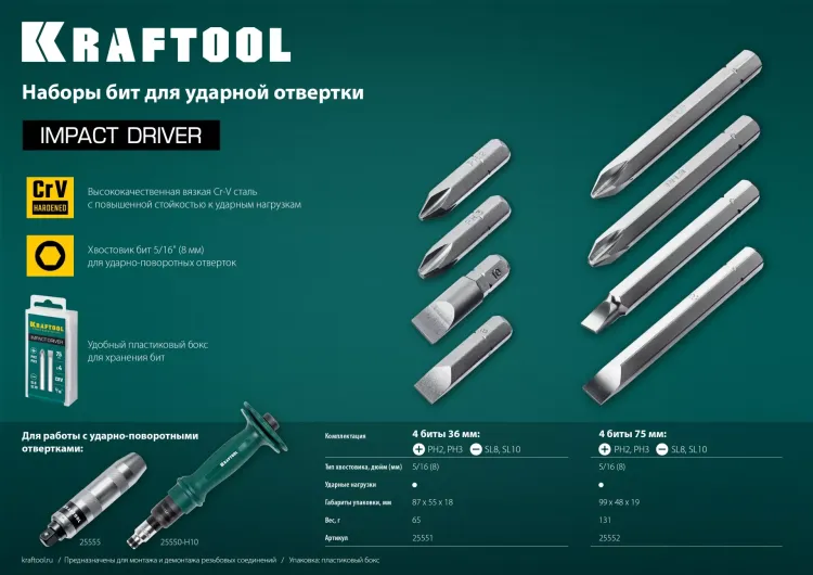 Биты для ударно-поворотных отверток KRAFTOOL 25552 купить в Урае