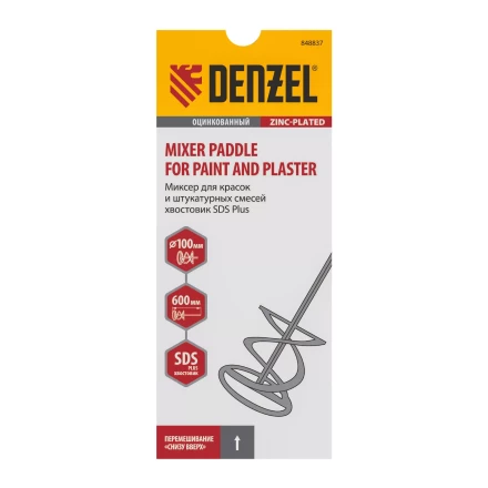 Миксер для красок и штукатурных смесей Denzel, 60 х 400 мм, оцинкованный, шестигранный хвостовик 8 мм, 848437 купить в Урае