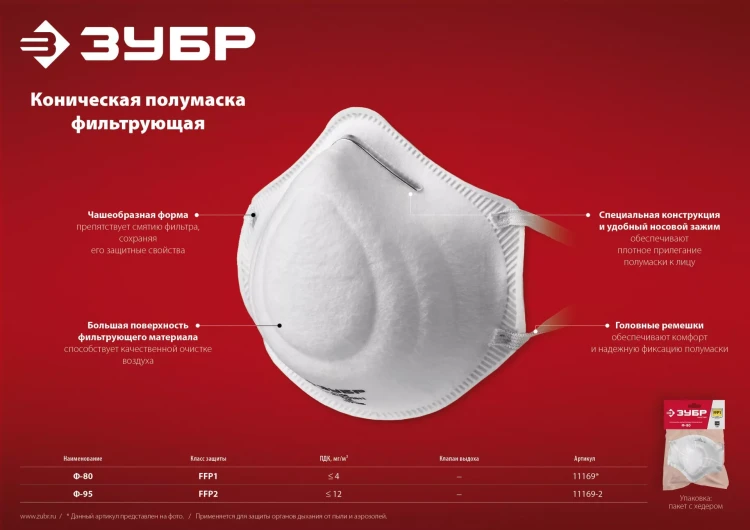 ЗУБР Ф-80, класс защиты FFP1, коническая, фильтрующая полумаска (11169) купить в Урае