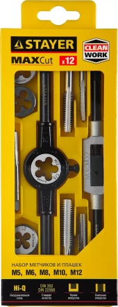 Набор метчиков и плашек STAYER "MASTER", метчикодержатель 1шт, плашкодержатель 1шт, метчики 5шт, плашки 5шт, 12 предметов 28012-H12_z01 купить в Урае