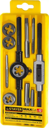 Набор метчиков и плашек STAYER "MASTER", метчикодержатель 1шт, плашкодержатель 1шт, метчики 5шт, плашки 5шт, 12 предметов 28012-H12_z01 купить в Урае