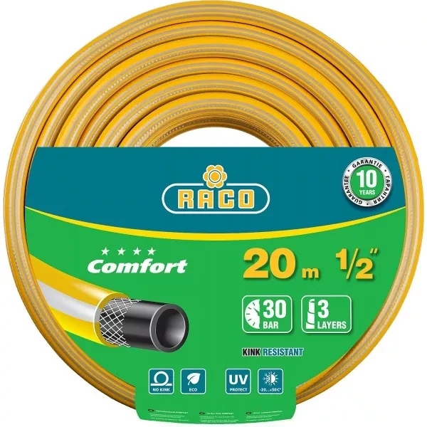 Шланг RACO "COMFORT" поливочный, 30атм., армированный, 3-х слойный, 1/2"х20м 40303-1/2-20 купить в Урае