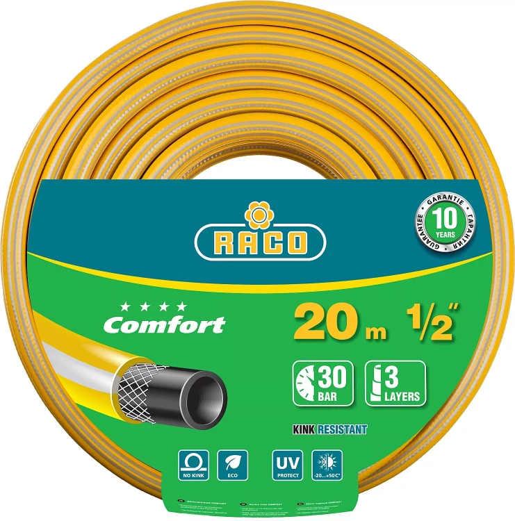 Шланг RACO "COMFORT" поливочный, 30атм., армированный, 3-х слойный, 1/2"х20м 40303-1/2-20 купить в Урае