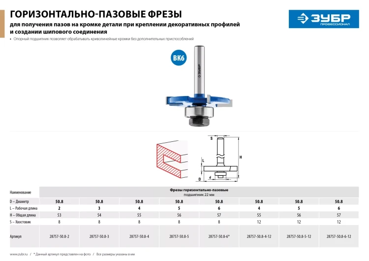 ЗУБР 50.8 x 2 мм, хвостовик 8 мм, фреза горизонтально-пазовая, Профессионал (28757-50.8-2) купить в Урае