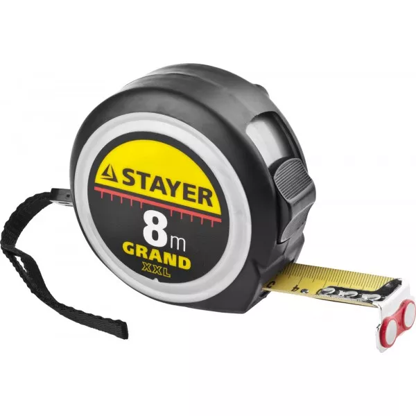 Рулетка STAYER GRAND, корпус с противоскользящим напылением, упрочненное полотно, 8м/25мм 552119 купить в Урае