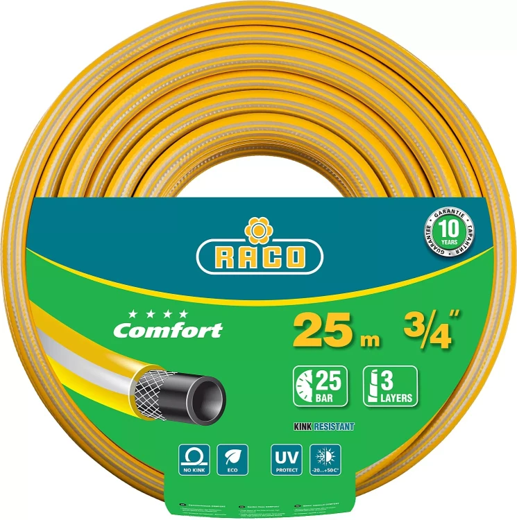 Шланг RACO "COMFORT" поливочный, 30атм., армированный, 3-х слойный, 3/4"х25м 40303-3/4-25 купить в Урае