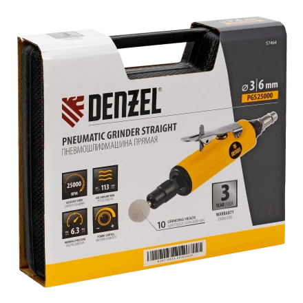 Пневмошлифмашина прямая Denzel 57464 PGS25000, 25000 об/мин, 10 шлиф. камней, цанга - 3, 6 мм, 113 л/мин купить в Урае