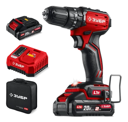 ЗУБР 20 В, 45 Нм, 2 АКБ LMS (2 Ач), бесщеточная ударная дрель-шуруповерт, сумка (ДБУ-45-22) купить в Урае
