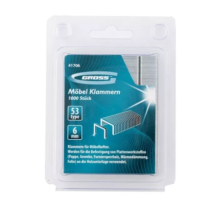 Скобы 6 мм для мебельного степлера усиленные тип 53 1000 шт GROSS 41706 купить в Урае